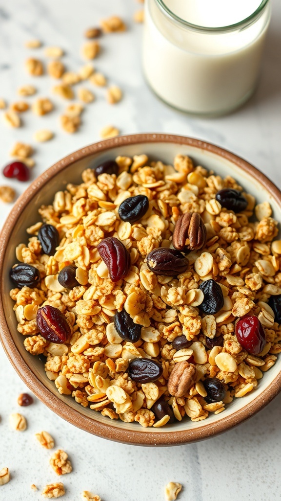 Crispy Quinoa Granola Recipe A bowl of quinoa granola with oats, nuts, and dried fruits, with a glass of milk on a wooden table.